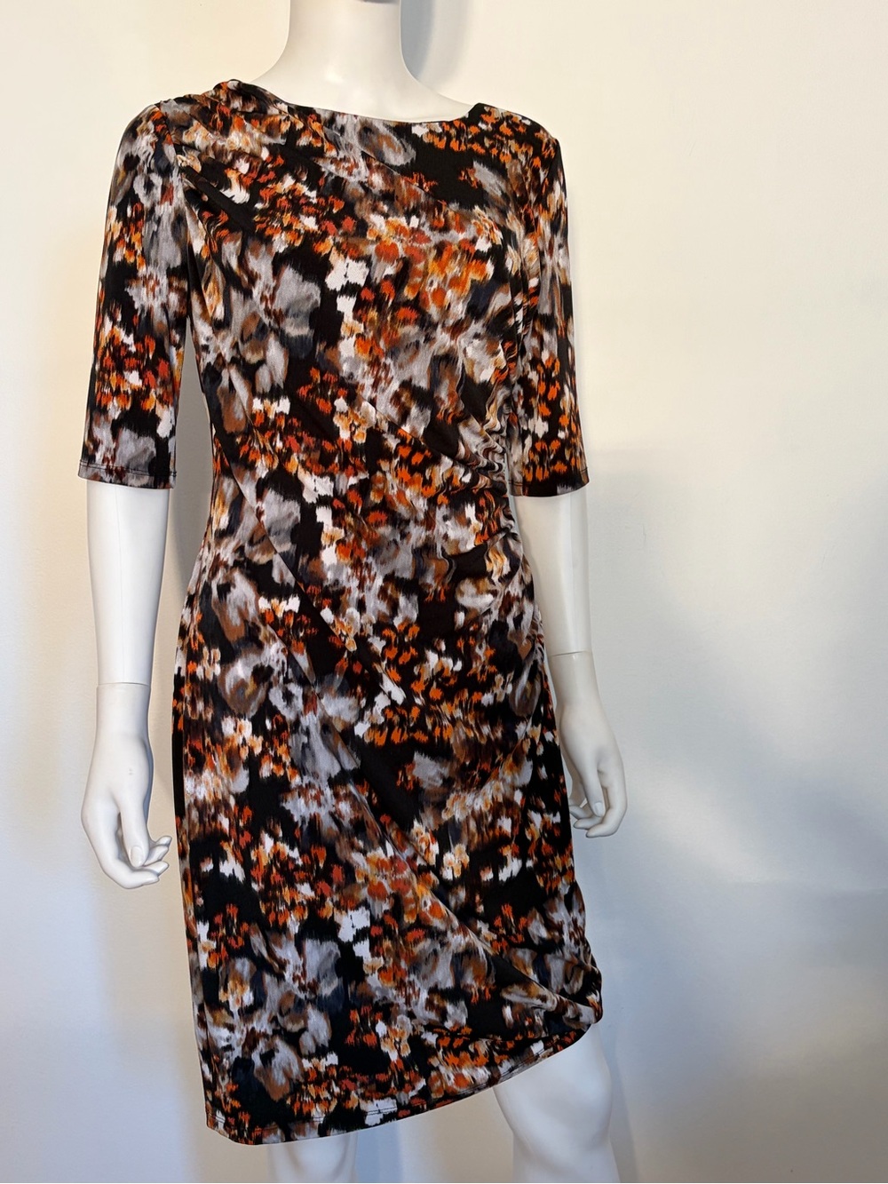 #853 Alexa B Beautiful Abstract Floral Midi Dress in Black and Brown. Great Cond